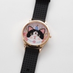 【ワケあり】猫のビッグフェイス腕時計 白黒 ピンクゴールド/黒