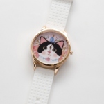 【ワケあり】猫のビッグフェイス腕時計 白黒 ピンクゴールド/白
