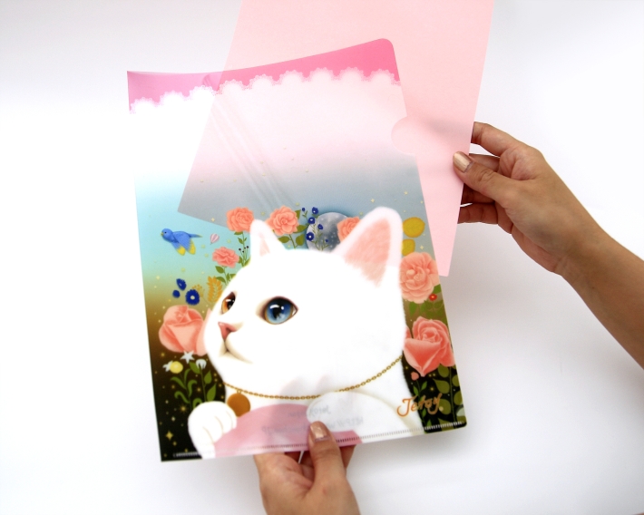 オッドアイの瞳がキュートな白黒猫ちゃんの<br>A4サイズ対応の「クリアフォルダー」<br>半透明なので、中の書類が確認しやすい♪<br>かわいいだけじゃなく、実用的です！