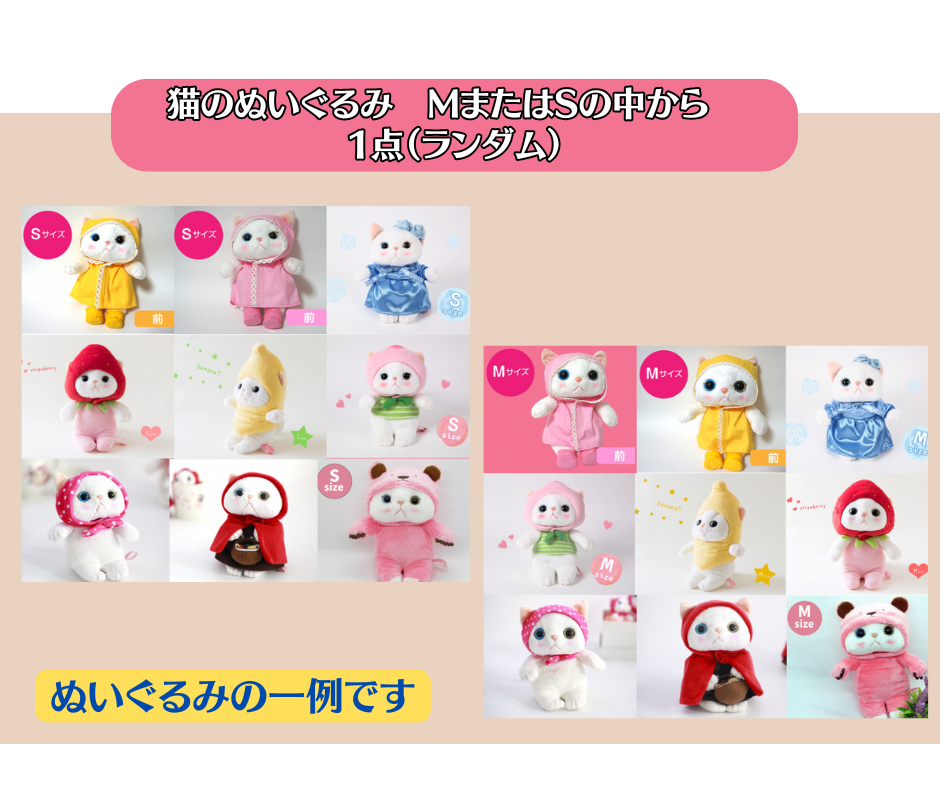 人気のMサイズかSサイズの猫のぬいぐるみが<br>1点入ります！<br>サイズ・種類はお任せくださいね♪