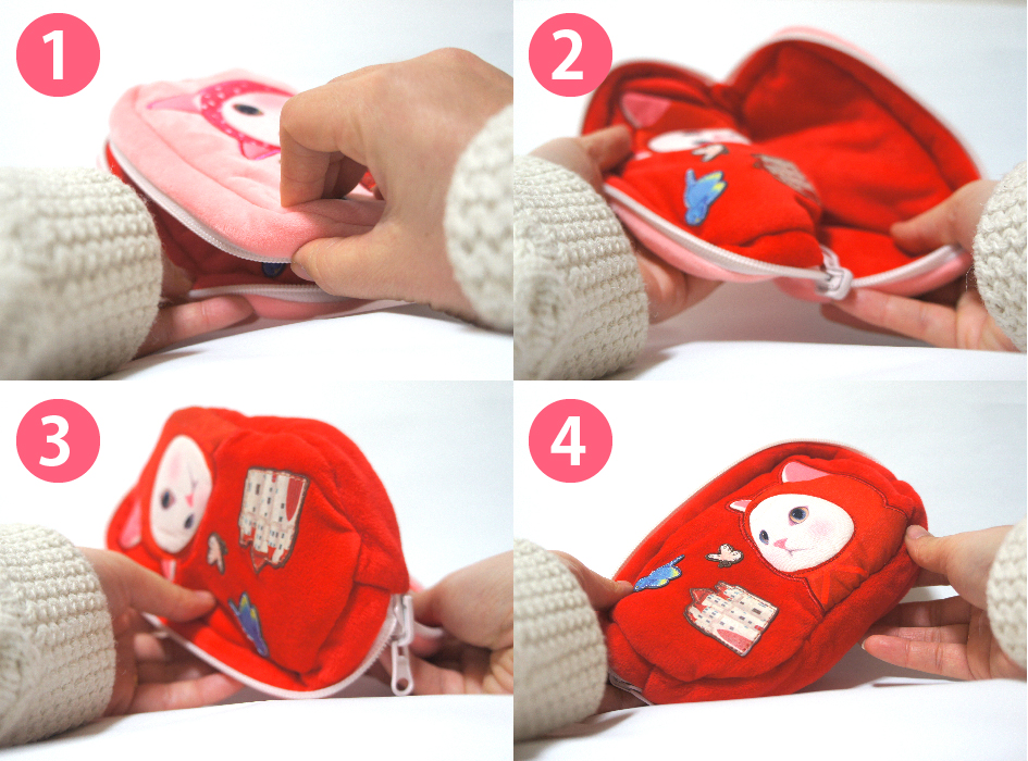 画像のように、ひっくり返すだけでパッとチェンジ！<br>赤ずきんとピンクずきん、どっちにしようかな？と<br>選ぶのも楽しくなるリバーシブル仕様です♪