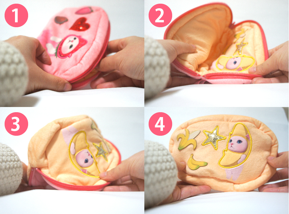 画像のように、ひっくり返すだけでパッとチェンジ！<br>いちご🍓とバナナ🍌<br>どっちにしようかな？と<br>選ぶのも楽しくなるリバーシブル仕様です♪