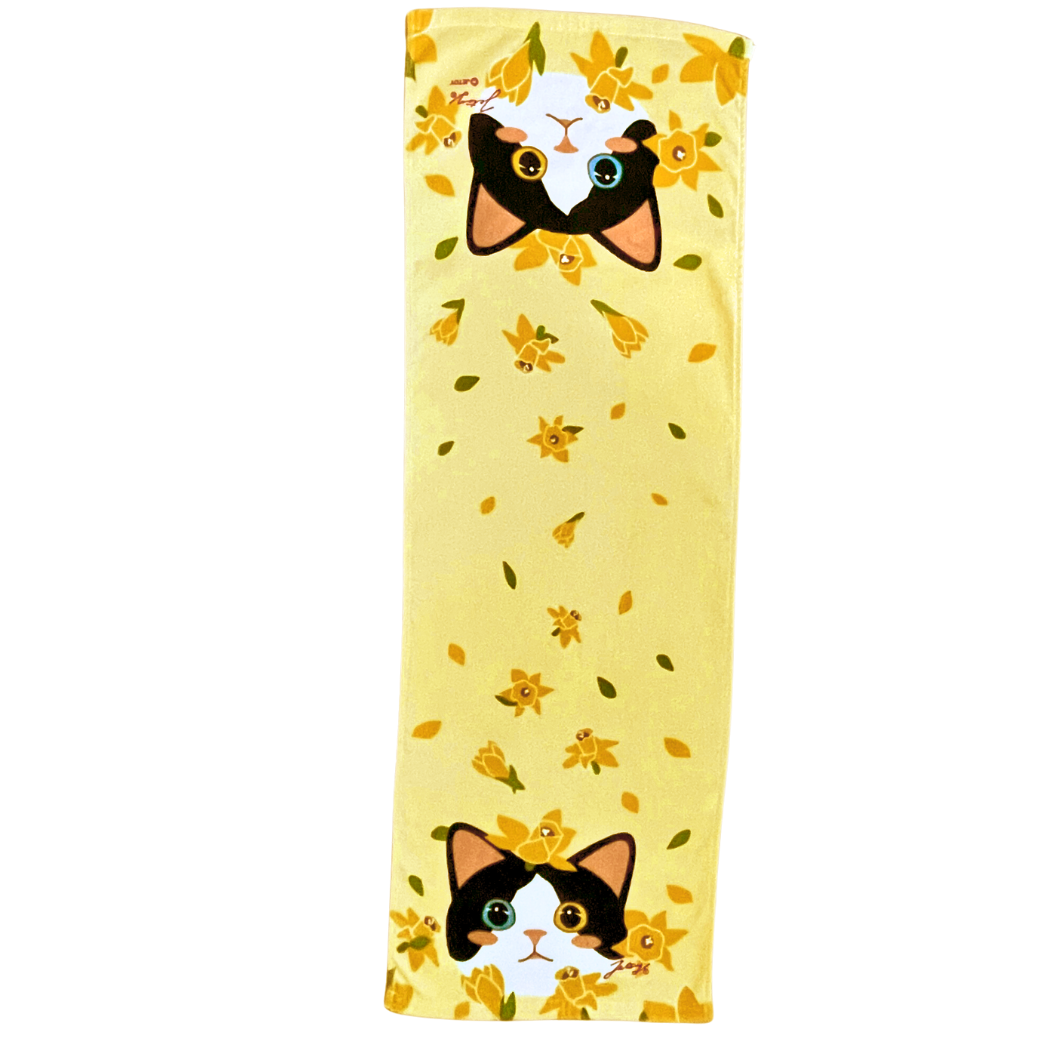 猫のロングタオル 白黒イエローフラワー