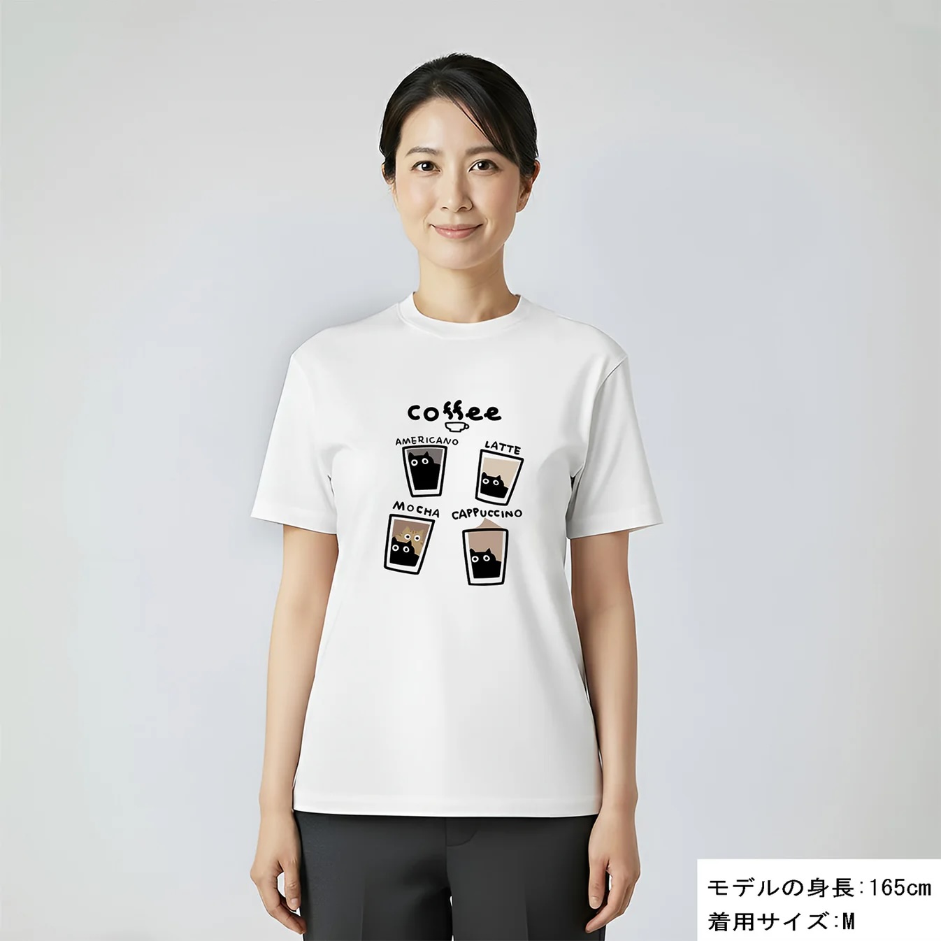 ホワイトの着用イメージです。<br>女性：165センチ　　Mサイズを着用