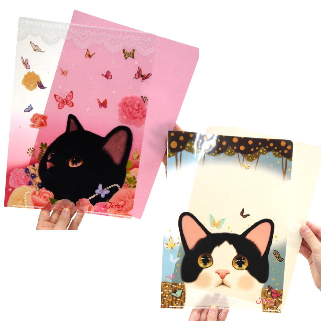 ワケあり】猫のクリアフォルダー2枚組 黒＆白黒｜猫グッズ・猫雑貨の