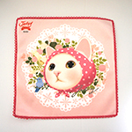 猫のタオルハンカチ　ピンクずきん