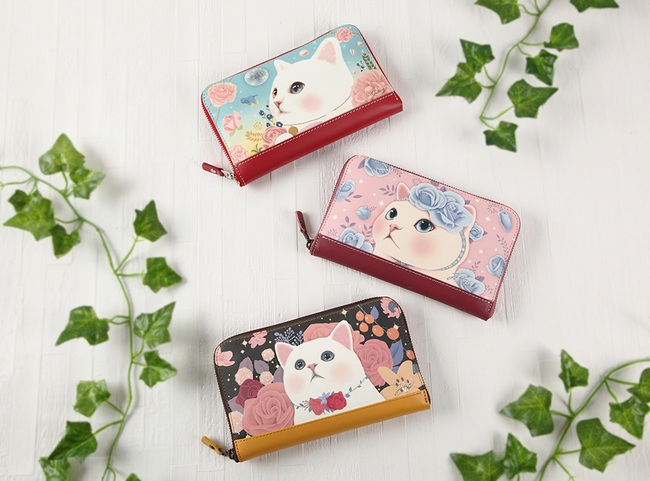 <strong>猫の長財布2</strong><br>白・ブルーローズ・ローズブラックの<br>3柄からお選びいただけます🐾<br>
